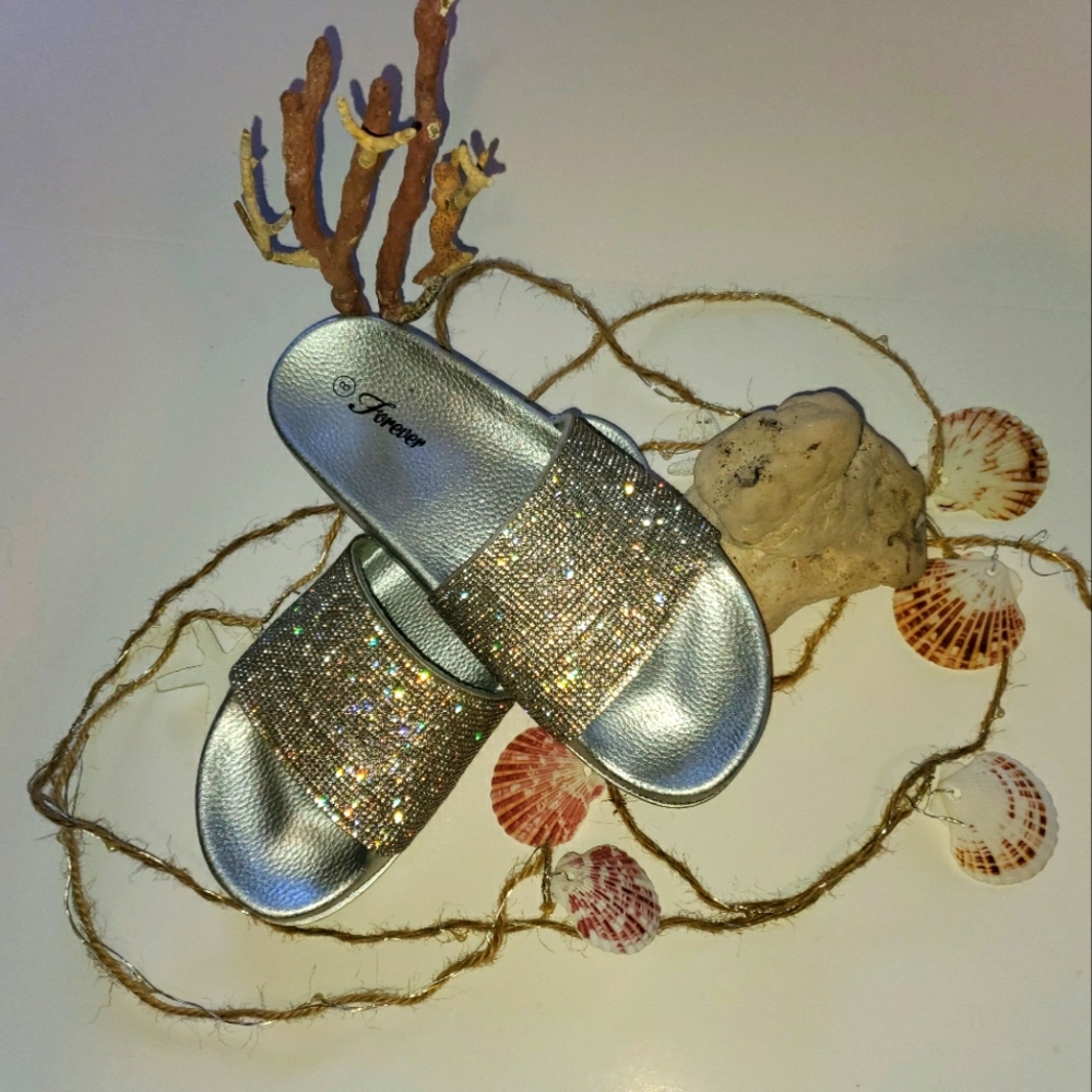 Silver Sparkle Slip-on Sandals with rhinestone